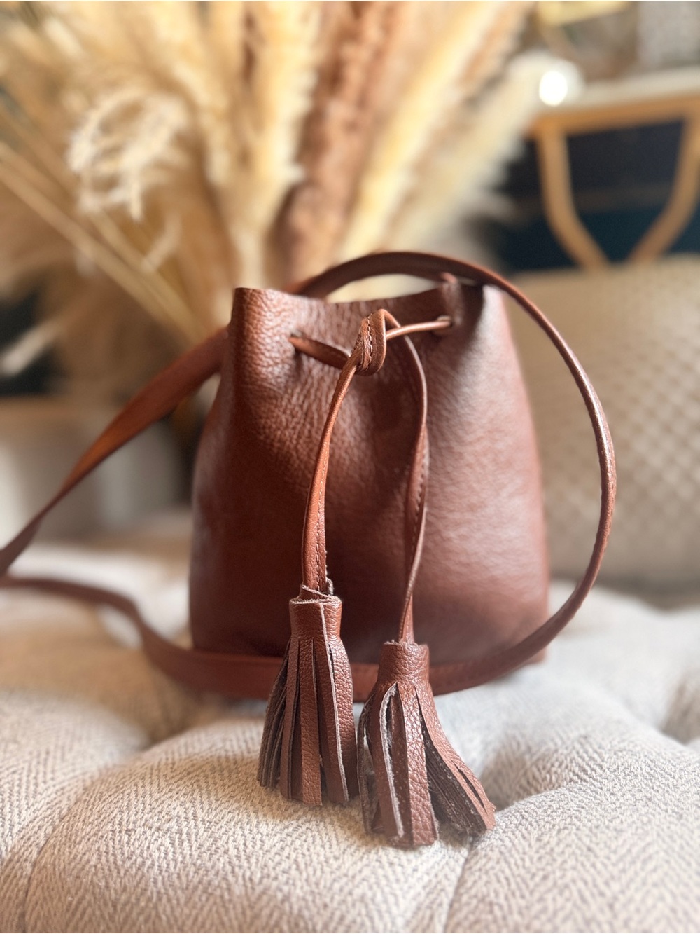 SHAFFER LA Chestnut Brown Leather Tassel Crossbody mini Bucket Bag